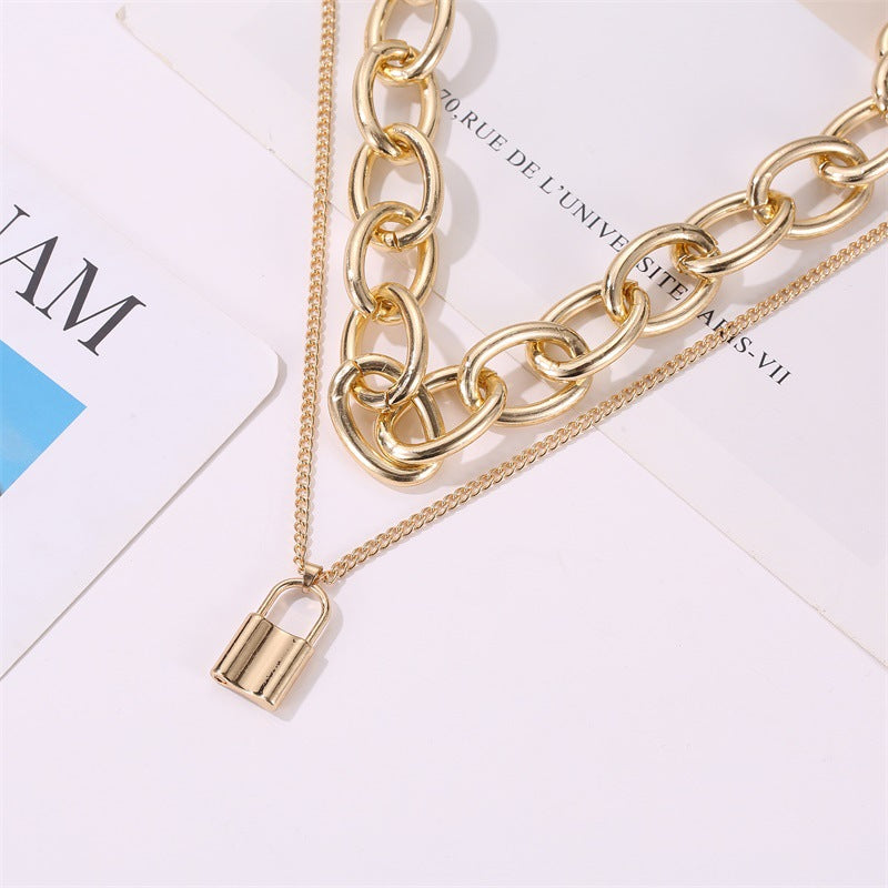 Retro Lock Necklace Punk Exaggerated Double Chain Necklace  Clavicle Chain Chain Wholesale Gooddiy