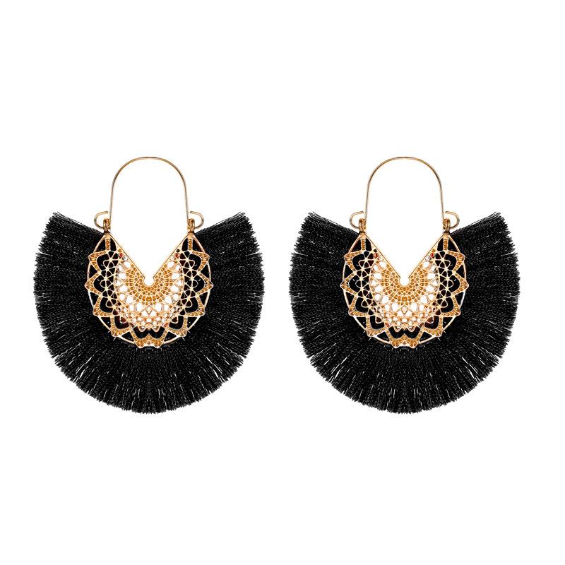 New Fashion Retro Exaggerated Fan-shaped Lace Pattern Tassel Earrings Wholesale