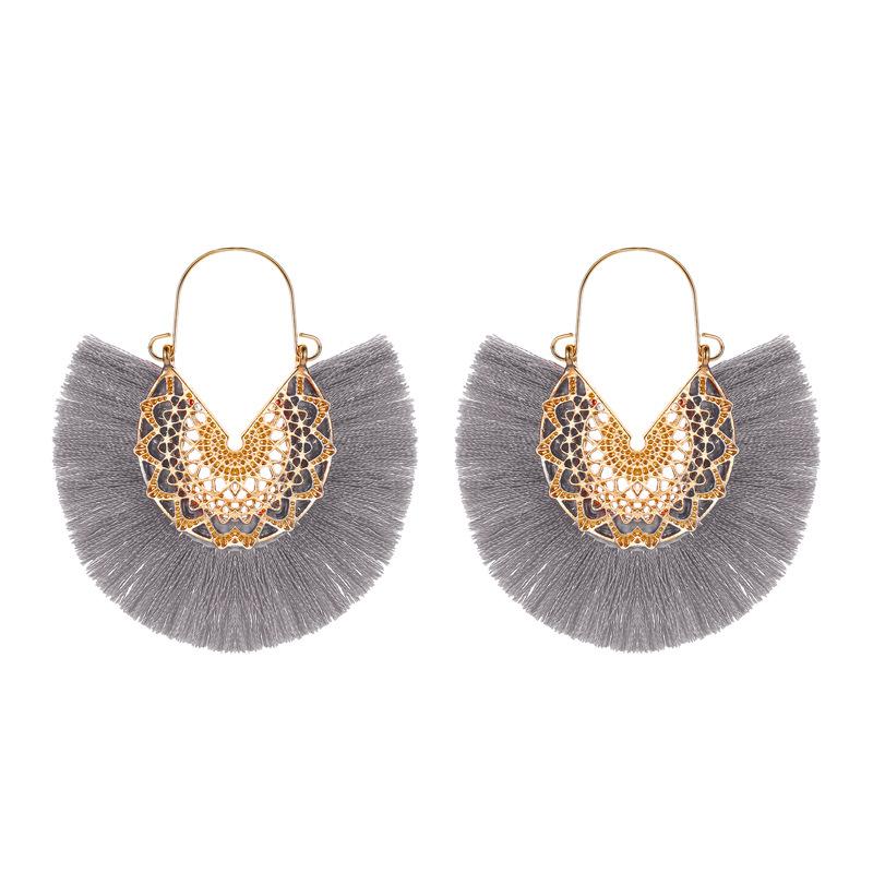 New Fashion Retro Exaggerated Fan-shaped Lace Pattern Tassel Earrings Wholesale