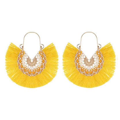 New Fashion Retro Exaggerated Fan-shaped Lace Pattern Tassel Earrings Wholesale