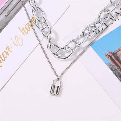 Retro Lock Necklace Punk Exaggerated Double Chain Necklace  Clavicle Chain Chain Wholesale Gooddiy