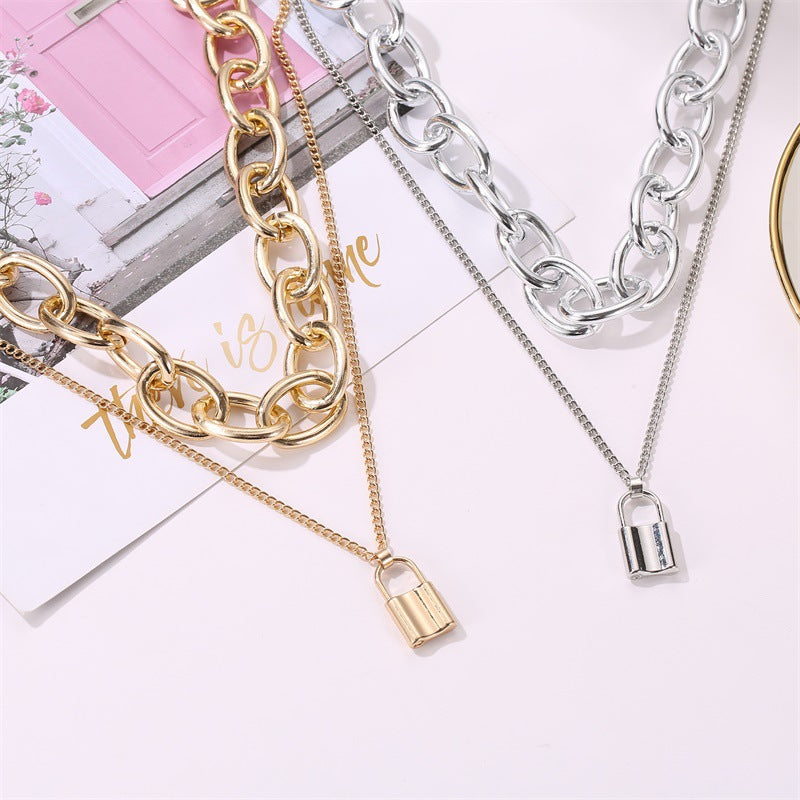 Retro Lock Necklace Punk Exaggerated Double Chain Necklace  Clavicle Chain Chain Wholesale Gooddiy