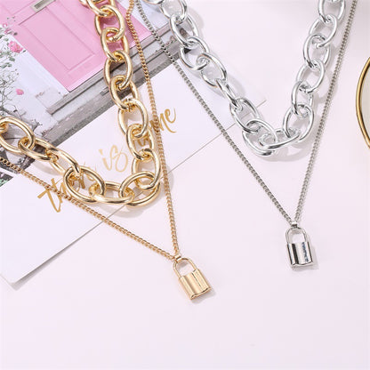 Retro Lock Necklace Punk Exaggerated Double Chain Necklace  Clavicle Chain Chain Wholesale Gooddiy