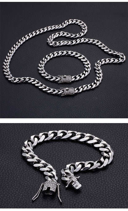 European And American Men's Stainless Steel Thick 13mm Bracelet Necklace Set