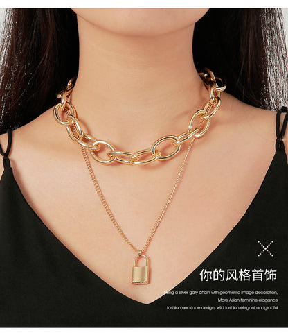 Retro Lock Necklace Punk Exaggerated Double Chain Necklace  Clavicle Chain Chain Wholesale Gooddiy