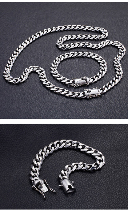 European And American New Stainless Steel Necklace Men's Titanium Steel 15mm Bracelet + Necklace Sweater Chain Two-piece Set For Boyfriend Gift