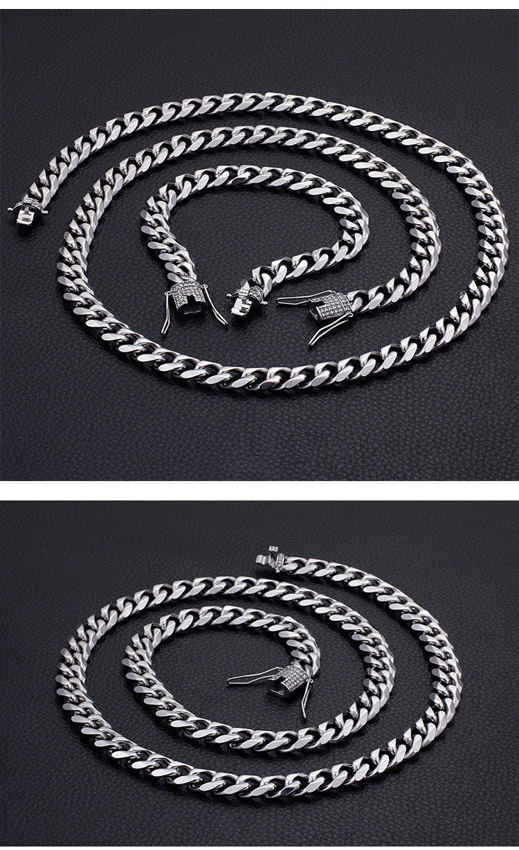 Europe And America Cross Border Fashion Titanium Steel Men's 11mm Bracelet Necklace Sweater Chain Two-piece Set For Boyfriend Factory Direct Sales