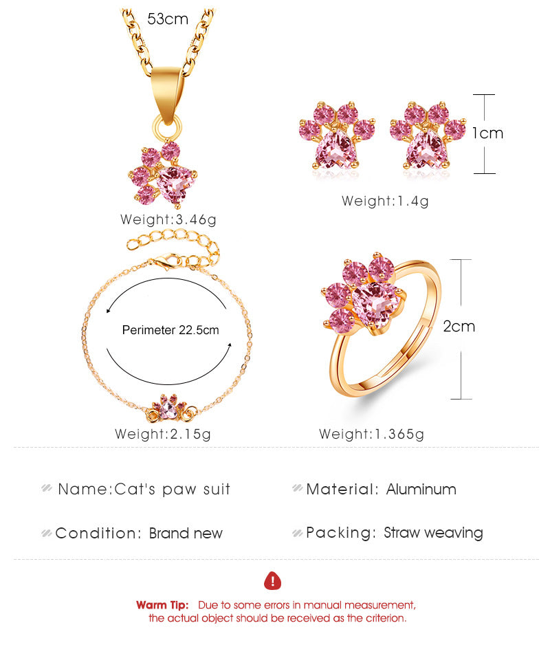 Cute Cartoon Cat Claw Necklace Earrings Four-piece Cat Footprint Zircon Ring Bracelet