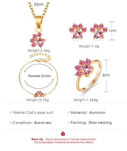 Cute Cartoon Cat Claw Necklace Earrings Four-piece Cat Footprint Zircon Ring Bracelet