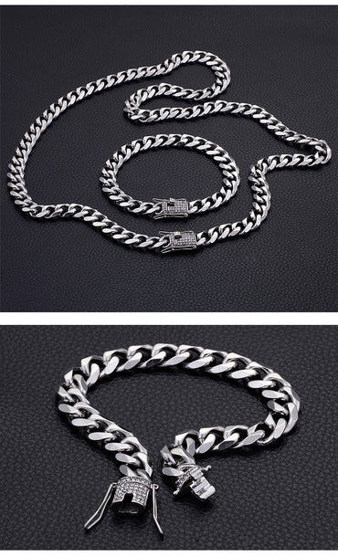 Europe And America Cross Border Fashion Titanium Steel Men's 11mm Bracelet Necklace Sweater Chain Two-piece Set For Boyfriend Factory Direct Sales