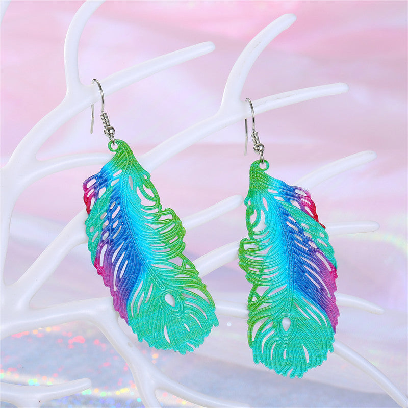 Color Leaf Iron Ear Hook Computer Piece Feather Earrings Printing Hollow Earrings Wholesale