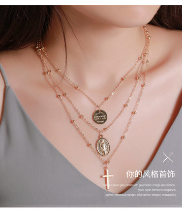 New Necklace Metal Three-layer Alphabet Christian Jesus Pendant Necklace Multilayer Cross Necklace Wholesale Gooddiy
