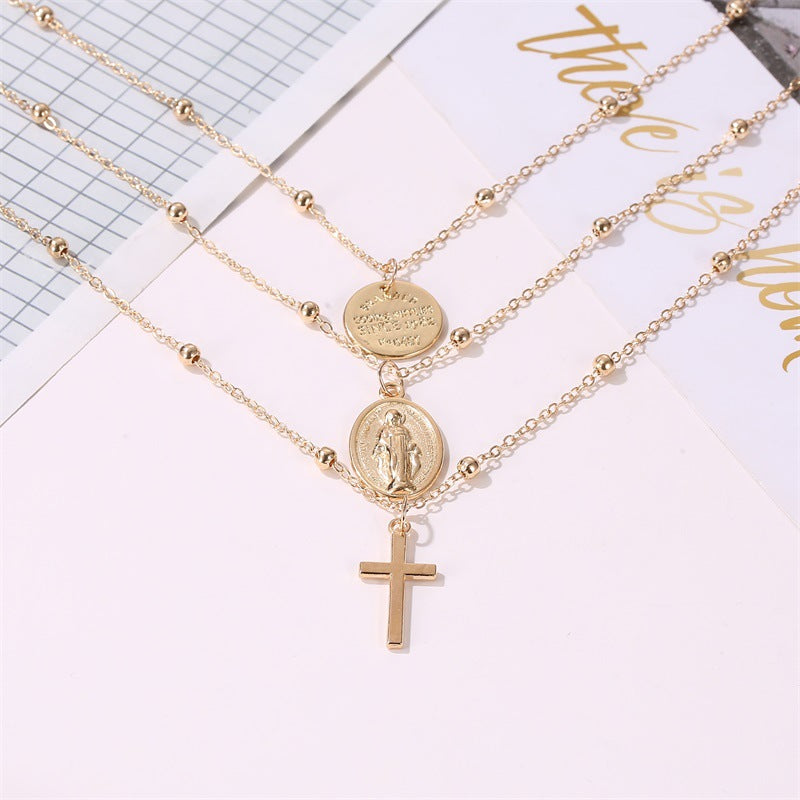 New Necklace Metal Three-layer Alphabet Christian Jesus Pendant Necklace Multilayer Cross Necklace Wholesale Gooddiy