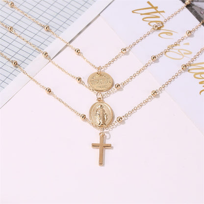 New Necklace Metal Three-layer Alphabet Christian Jesus Pendant Necklace Multilayer Cross Necklace Wholesale Gooddiy