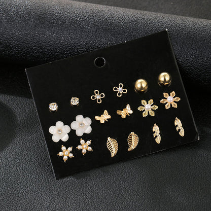 1 Set Fashion Leaves Flower Alloy Inlay Rhinestones Pearl Women's Ear Studs