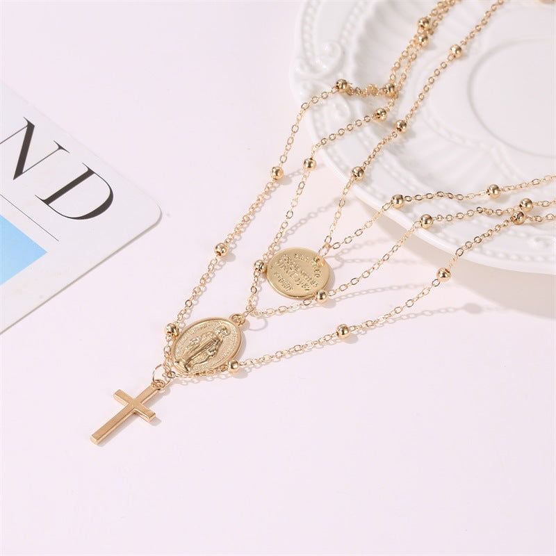 New Necklace Metal Three-layer Alphabet Christian Jesus Pendant Necklace Multilayer Cross Necklace Wholesale Gooddiy