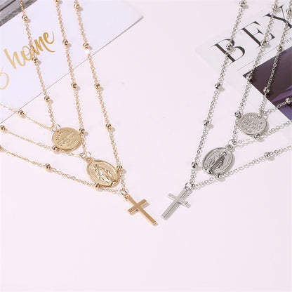 New Necklace Metal Three-layer Alphabet Christian Jesus Pendant Necklace Multilayer Cross Necklace Wholesale Gooddiy