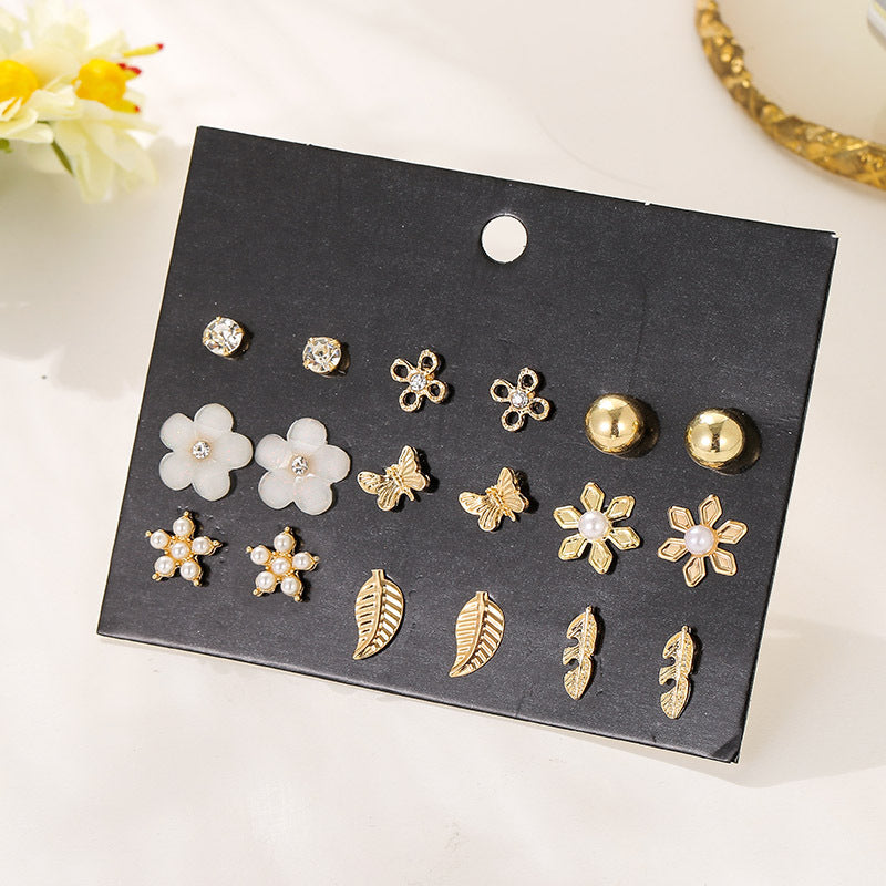 1 Set Fashion Leaves Flower Alloy Inlay Rhinestones Pearl Women's Ear Studs