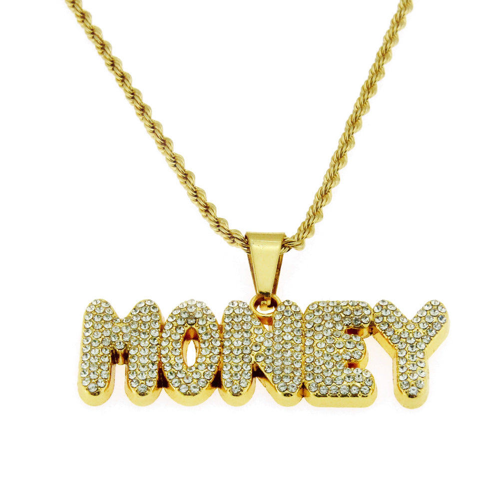 New Men's Diamond Money Letter Tag Pendant Necklace