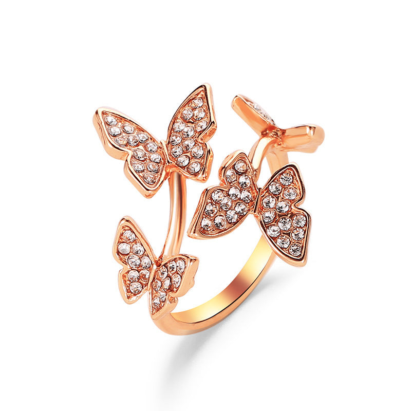 New Opening Ring Hand Ornament Full Diamond Four Butterfly Ring Finger Opening Ring Wholesale Gooddiy