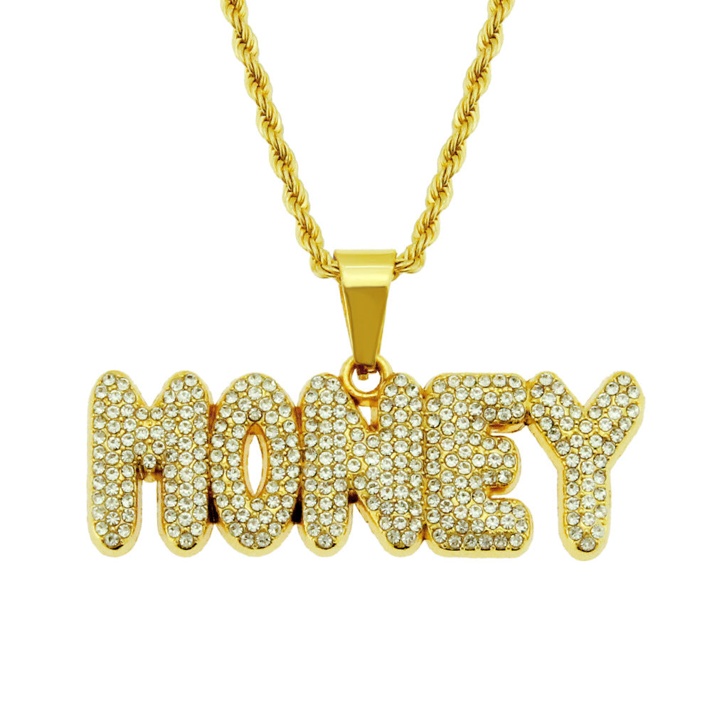 New Men's Diamond Money Letter Tag Pendant Necklace