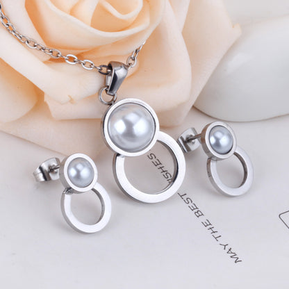 Fashion Geometric Stainless Steel Inlay Artificial Pearls Earrings Necklace 1 Set