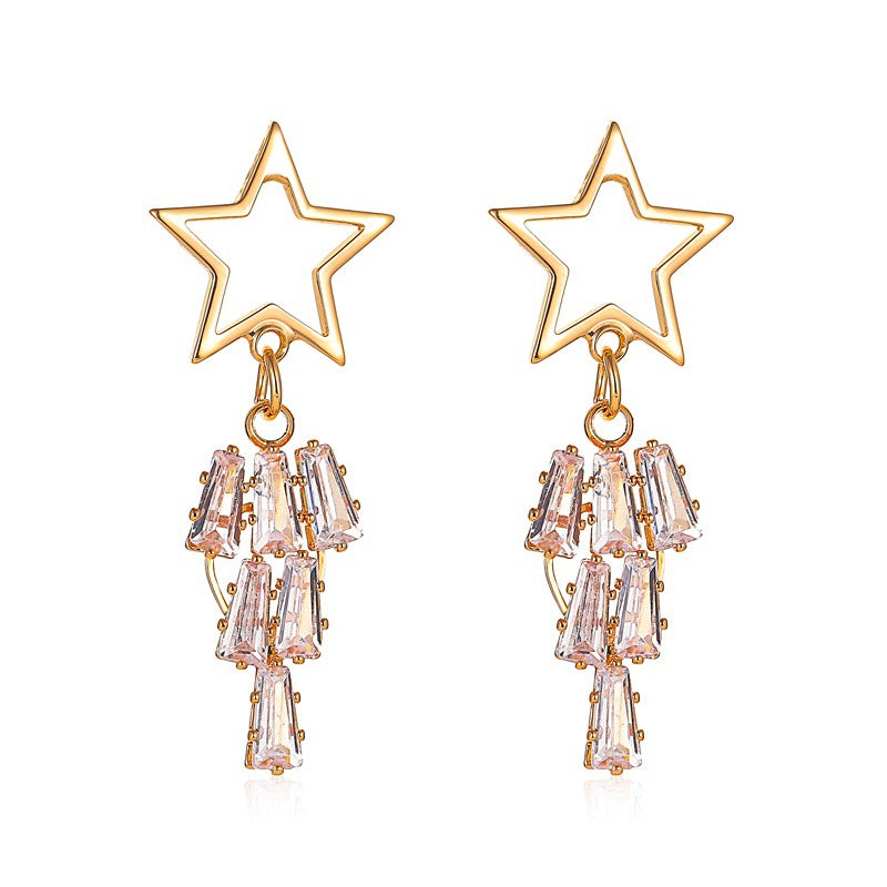 New Exaggerated Long Five-pointed Star Earrings Star Tassel Crystal Zircon Earrings Wholesale Gooddiy