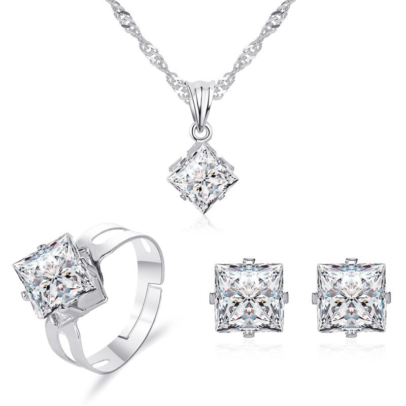 New Crystal Set Jewelry Women's Fashion Party Dress Accessories Square Zircon Three-piece Jewelry Wholesale Gooddiy
