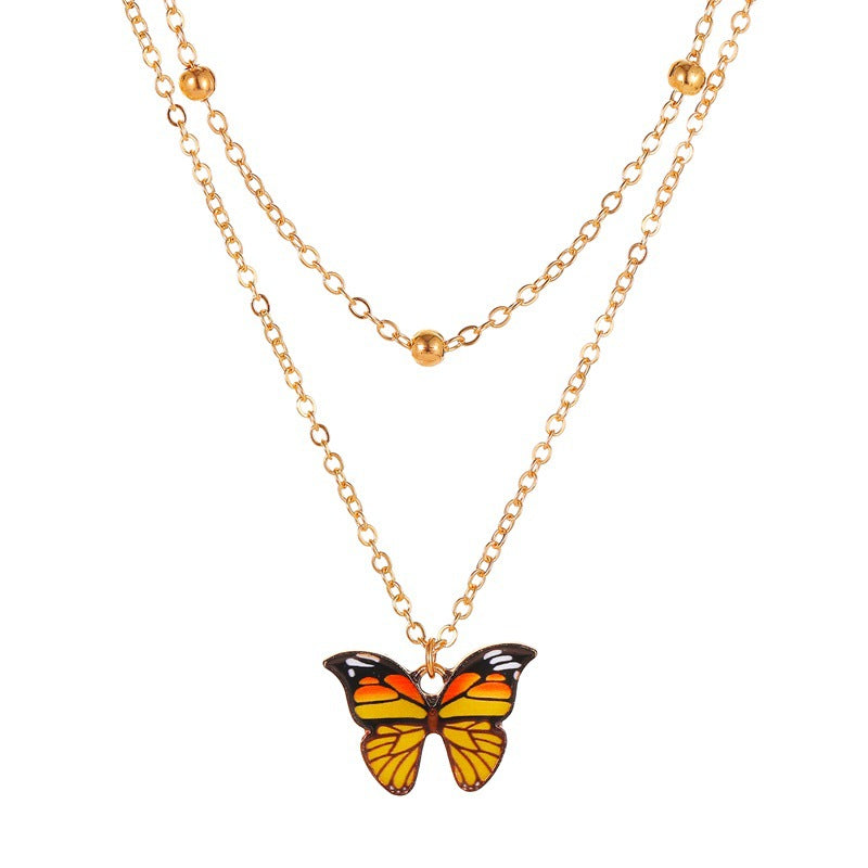 Retro Double Bead Butterfly Pendant Necklace Fashion Dream Color Butterfly Clavicle Chain Women