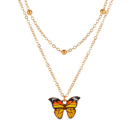 Retro Double Bead Butterfly Pendant Necklace Fashion Dream Color Butterfly Clavicle Chain Women