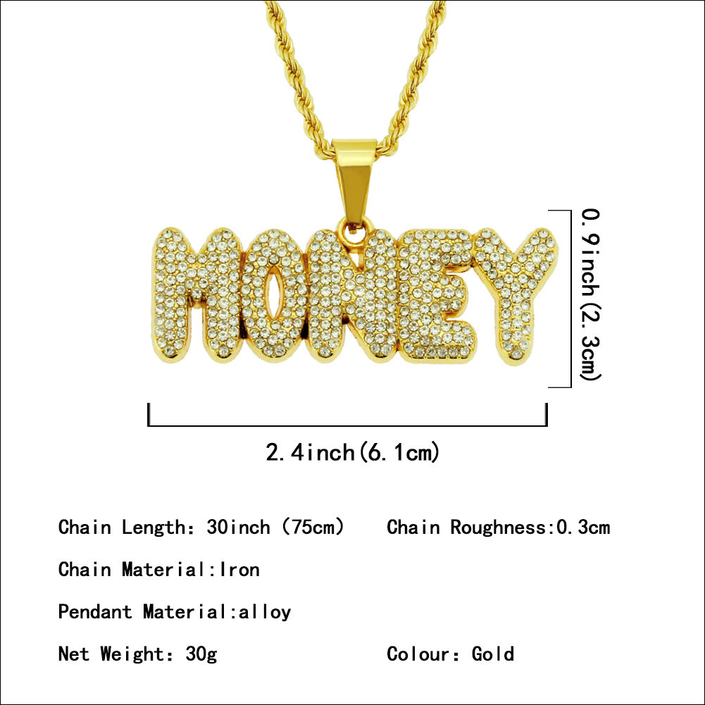 New Men's Diamond Money Letter Tag Pendant Necklace