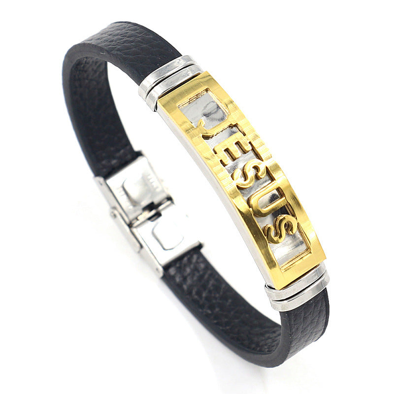 New Two-tone Stainless Steel Titanium Steel Fashion Pu Leather Bracelet Wholesale Gooddiy