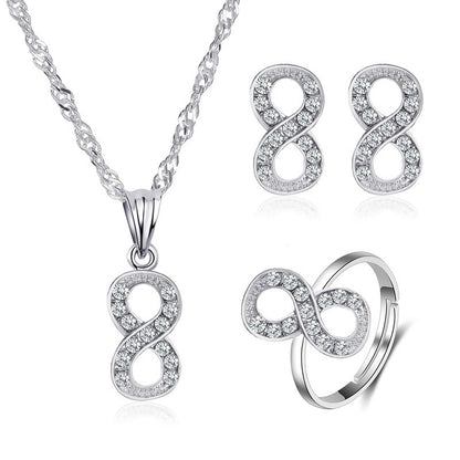 New Fashion All-match Diamond 8-shaped Necklace Earrings Ring Three-piece Jewelry Set Wholesale