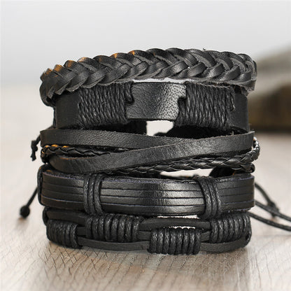 Fashion New 5-layer Black Men's Leather Retro Punk Style Bracelet Wholesale