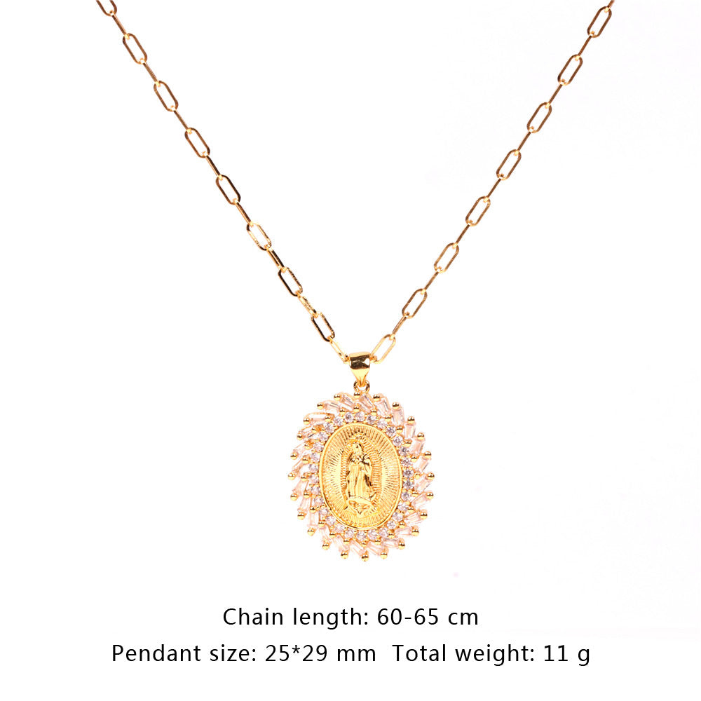 Hot-selling Micro-inlaid Zircon Thick Cable Chain Punk Hip-hop Virgin Mary Necklace