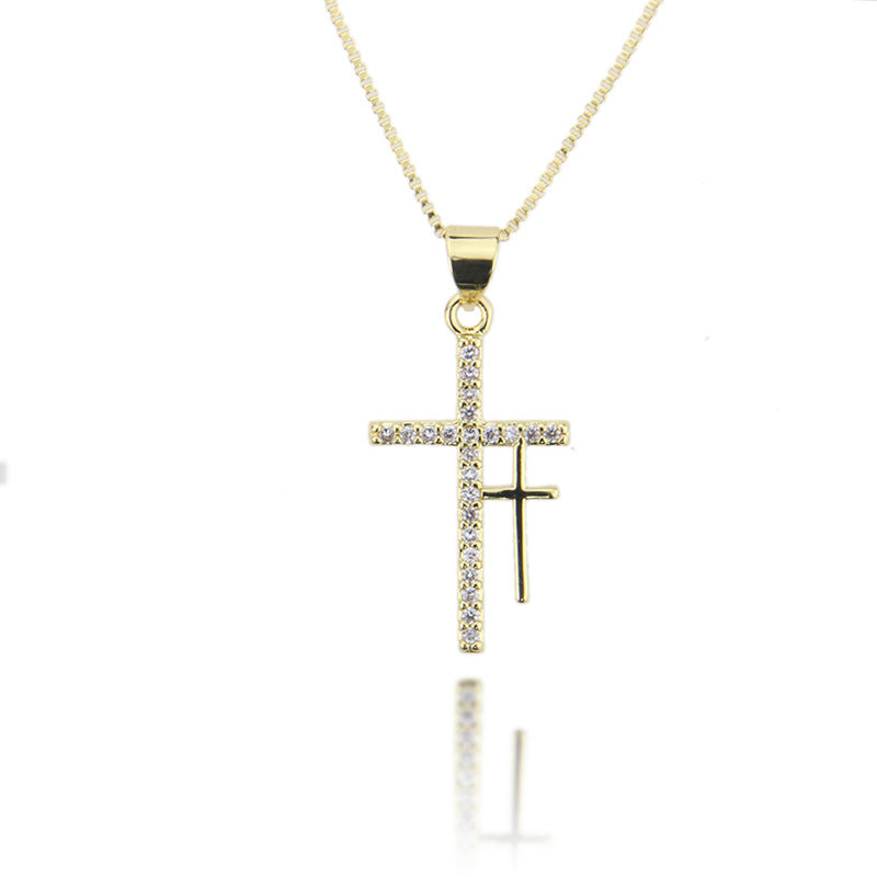 Hot Sale Double Cross Pendant Fashion New Copper Plated White Zircon Religious Necklace