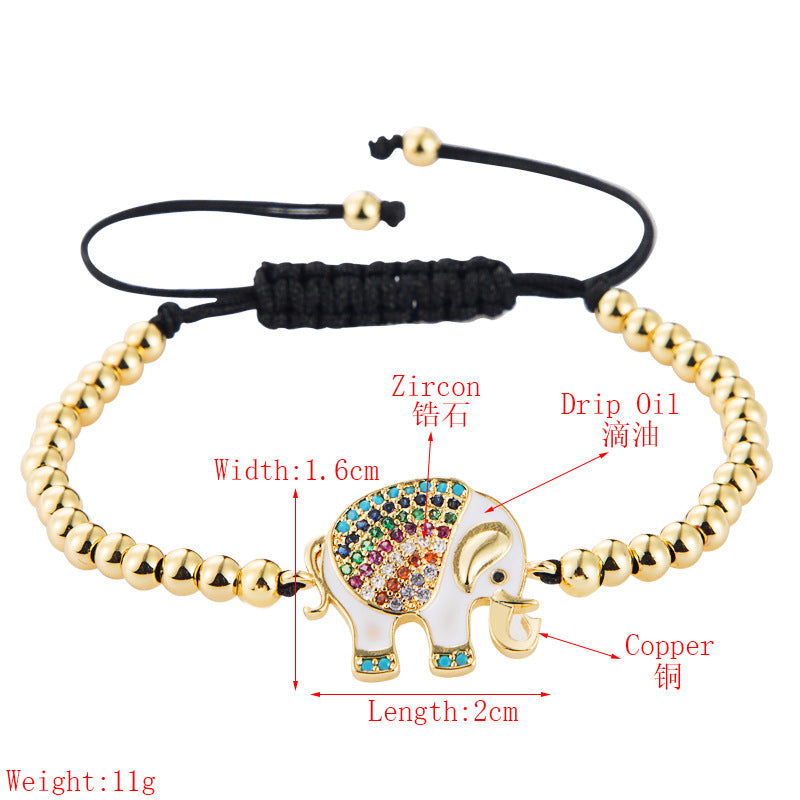 Copper Micro Inlaid Zircon Colored Elephant Copper Bead Woven Pull Bracelet