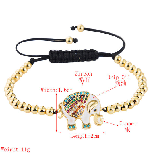 Copper Micro Inlaid Zircon Colored Elephant Copper Bead Woven Pull Bracelet