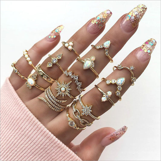 Bohemian Style Sun Wave Geometric Diamond 17-piece Set Ring