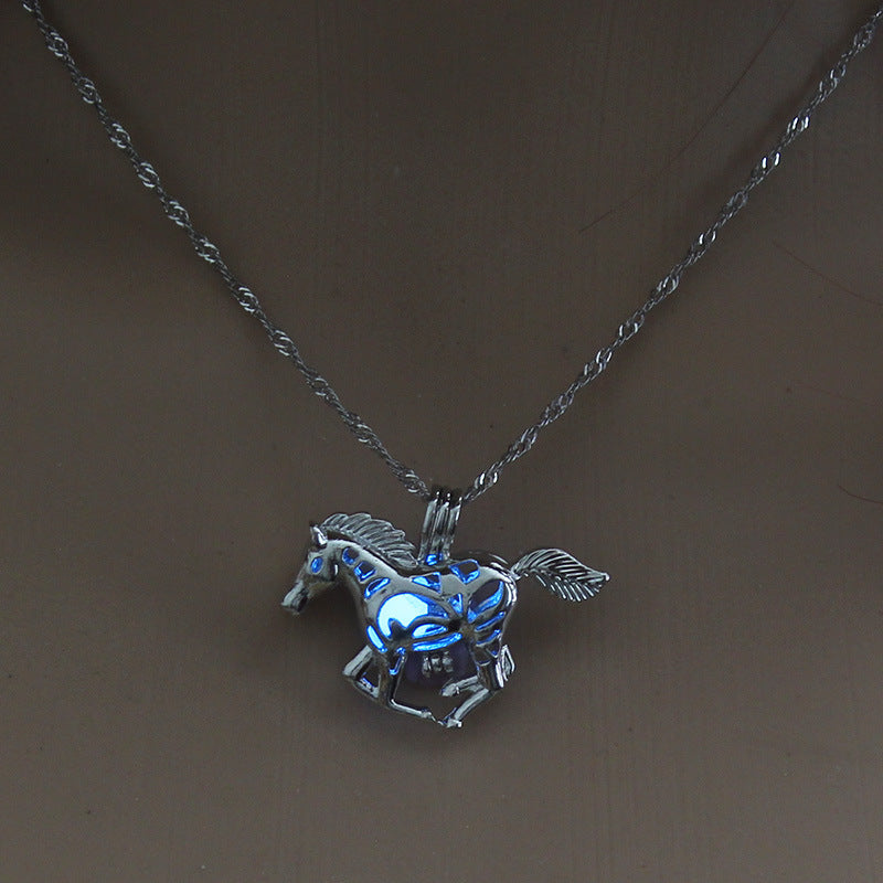 Hot Luminous Beads Fashion Hollow Horse Alloy Pendant Halloween Necklace