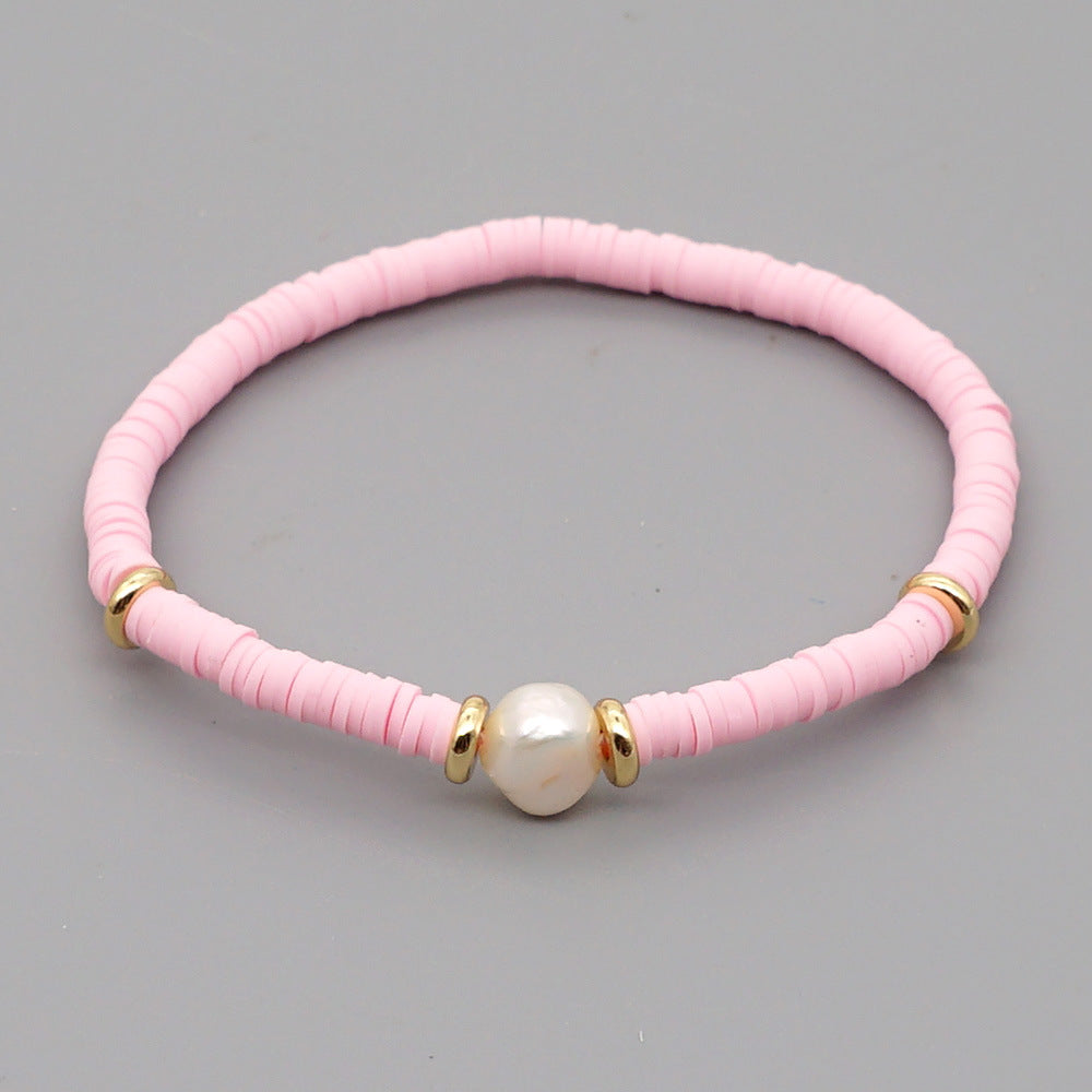 Fashion Bohemian Beach Style Natural Baroque Pearl Color Soft Ceramic Letter Bracelet For Women