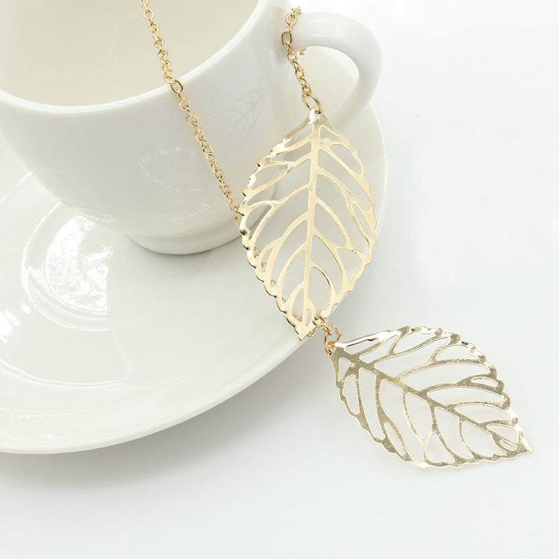 Fashion Metal Colorful Hollow Tree Leaf Two Large Leaf Pendant Necklace