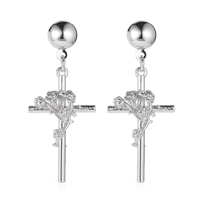 New Three-dimensional Embossed Rose Retro Elegant Cross Earrings Wholesale