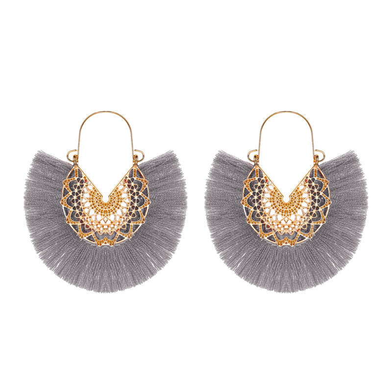 New Retro Exaggerated Fan-shaped Lace Patter Ethnic Style New Tassel Earrings Wholesale