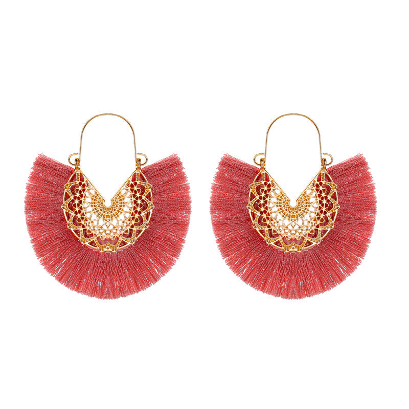 New Retro Exaggerated Fan-shaped Lace Patter Ethnic Style New Tassel Earrings Wholesale