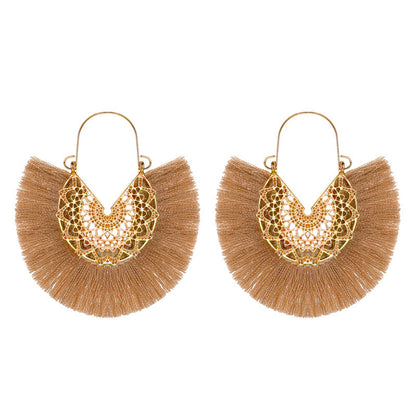 New Retro Exaggerated Fan-shaped Lace Patter Ethnic Style New Tassel Earrings Wholesale