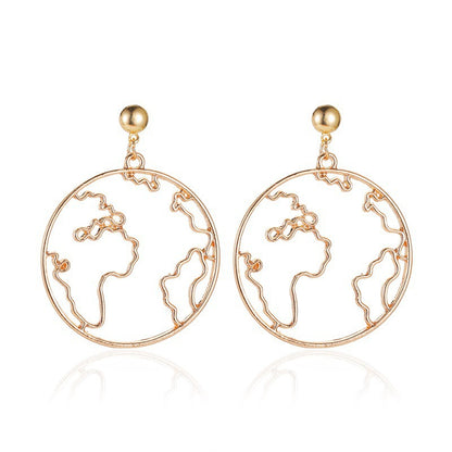 New Exaggerated Map Creative Design World Map Simple Round Hollow Earrings Wholesale