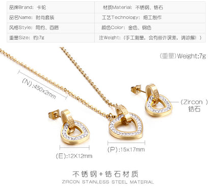New Diamond Double Ring Titanium Steel Earrings Necklace Set Wholesale Gooddiy