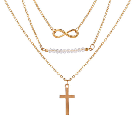 European And American Foreign Trade Trendy Grace Multi-layer Metal Cross Inverted 8 Clavicle Chain Bead Necklace Wholesale