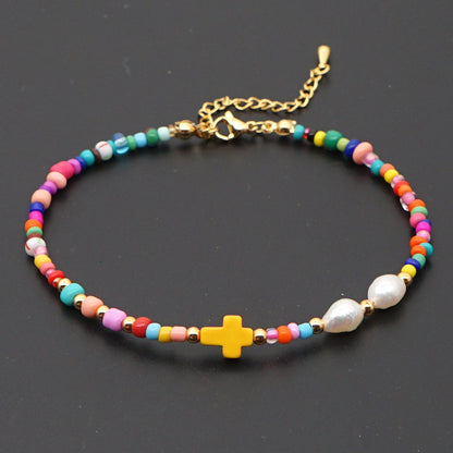 Bohemian Ethnic Style Eye Beads Rainbow Rice Beads Baroque Natural Freshwater Pearl Anklet Women